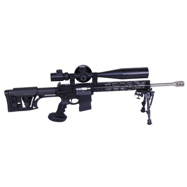 Precision AR-10 rifle with adjustable sniper grip and high-magnification scope for competitive shooting.