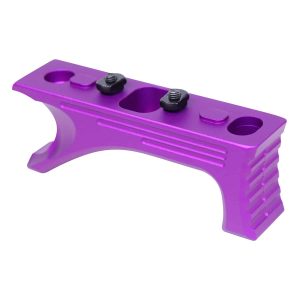 Purple anodized aluminum angled grip for M-LOK system, featuring sleek design and secure fasteners.