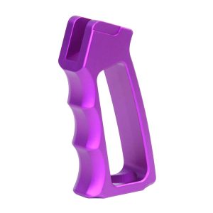 Ergonomic purple anodized aluminum pistol grip, Gen 2, with finger ridges for comfort and grip.