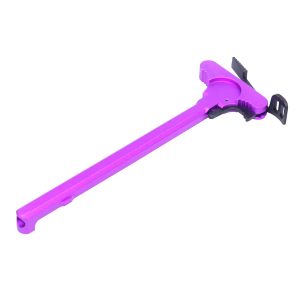 Purple AR-15 charging handle with ambidextrous latch for enhanced functionality.