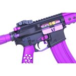 AR-15 with purple anti-rotation trigger pin set, detailed craftsmanship.
