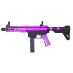 AR 9mm pistol with purple anodized furniture and brace, featuring M-LOK handguard.