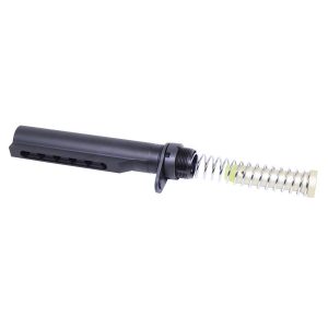 AR-15 buffer tube with recoil spring and notches on a white background.