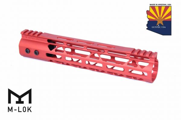 Red 10-inch Guntec USA M-LOK handguard with monolithic top rail and sleek design.