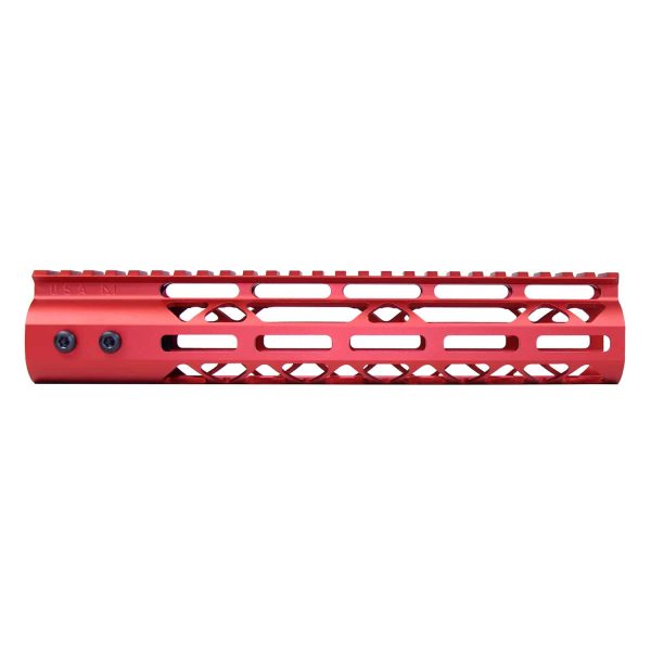 Red 10-inch Guntec USA M-LOK AR Rifle Handguard with Monolithic Rail.
