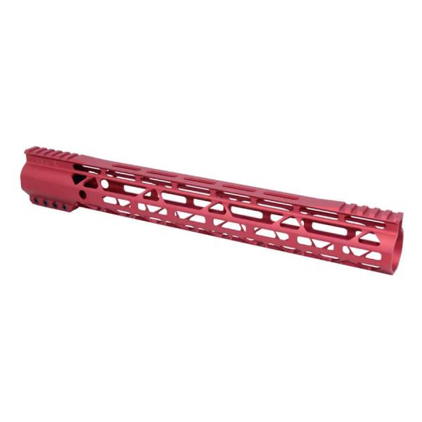 Red 15-inch Guntec M-LOK free-floating AR handguard with monolithic top rail.