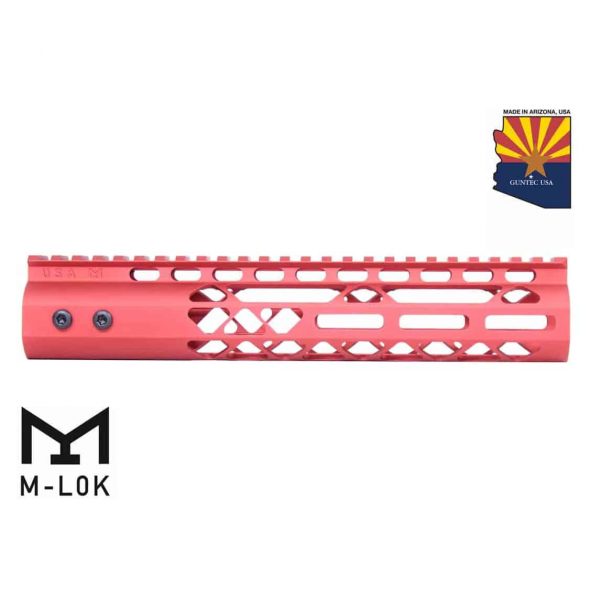 Red 10-inch Guntec USA M-LOK AR Rifle Handguard with Top Rail.
