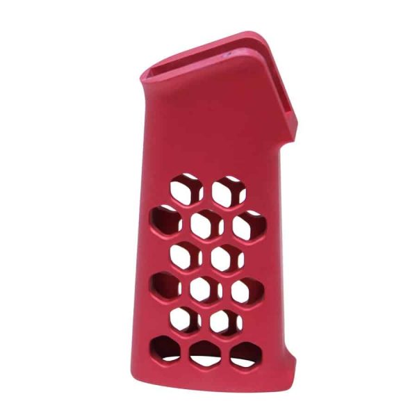 Red Airlite Skeletonized AR Pistol Grip with Honeycomb Pattern.
