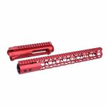 Red anodized AR-15 billet upper receiver and M-LOK handguard combo set on white background.