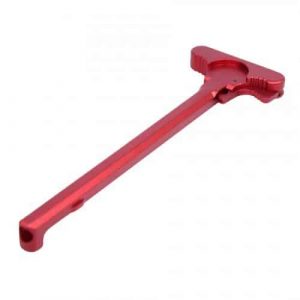 Red anodized AR-15 charging handle with textured grip for enhanced functionality and visibility.