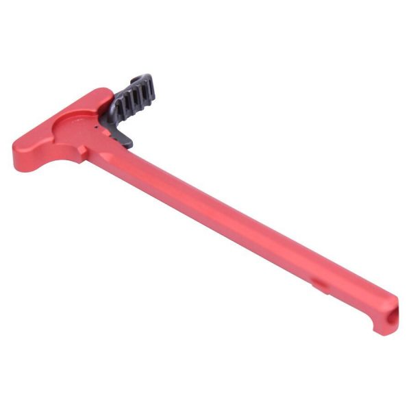 Red anodized AR-15 charging handle with serrated extended latch for enhanced grip and ambidextrous use.