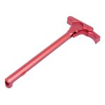 Red anodized AR-15 charging handle with extended Gen 5 latch for improved functionality.