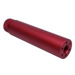 Metallic red AR-15 fake suppressor with ports, sleek design photographed on white background.