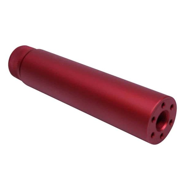 Metallic red AR-15 fake suppressor with ports, sleek design photographed on white background.