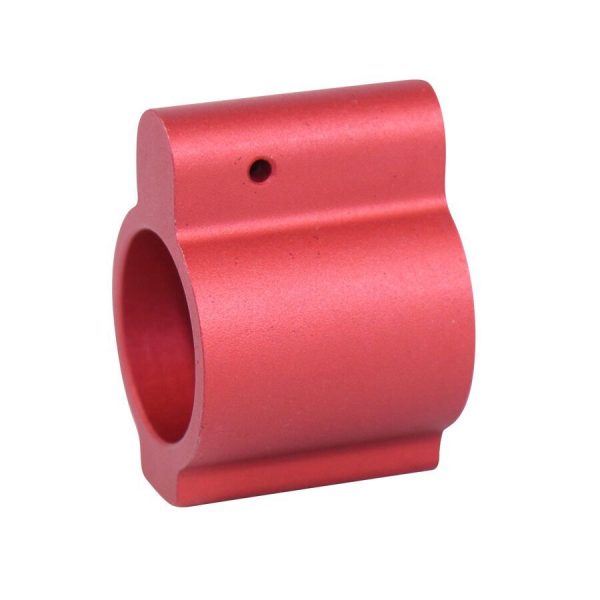 Red anodized AR-15 low profile gas block with .750 diameter and barrel opening.
