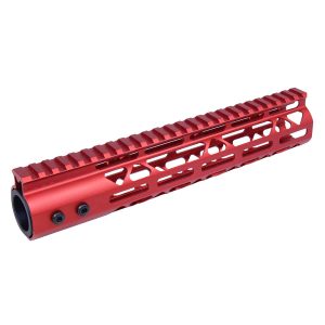 Red 10-inch Guntec AR handguard with M-LOK and top rail.