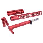 Bright red anodized AR-15 components set with skeletonized handguard, upper receiver, and buffer tube.