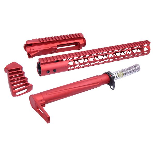 Bright red anodized AR-15 components set with skeletonized handguard, upper receiver, and buffer tube.
