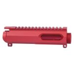 Red anodized AR-15 upper receiver with Picatinny rail; lightweight, customizable, durable for enthusiasts.