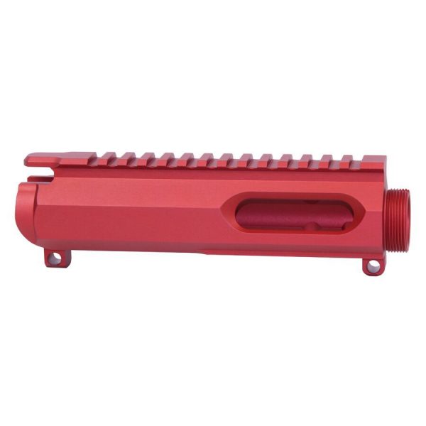 Red anodized AR-15 upper receiver with Picatinny rail; lightweight, customizable, durable for enthusiasts.