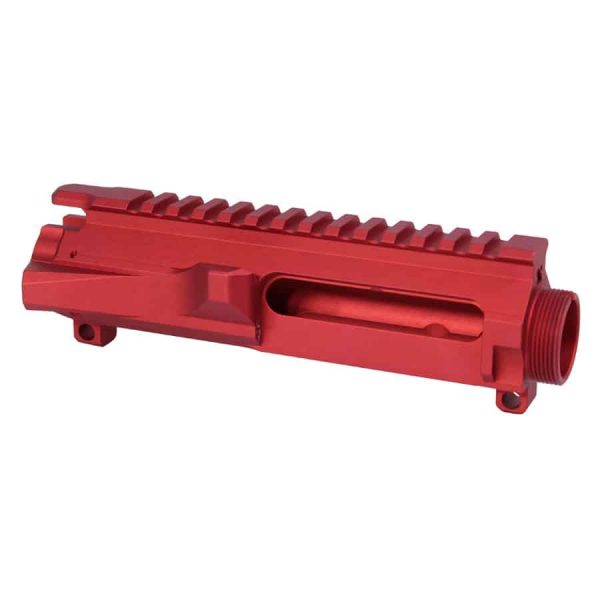 Red AR-15 billet upper receiver, anodized finish.
