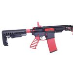 Red and Black AR-15 Sporting Rifle with Adjustable Stock and Custom Red Accents.