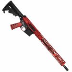 Custom AR-15 rifle with striking red and black design, featuring M-LOK handguard.