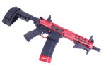 AR-15 red and black billet upper receiver with tactical features.