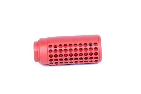 Vibrant red cylindrical Bluetooth speaker with perforated design for 360-degree sound.