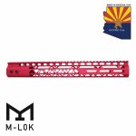 Red anodized 15-inch M-LOK AR rifle handguard, made in Arizona, USA.