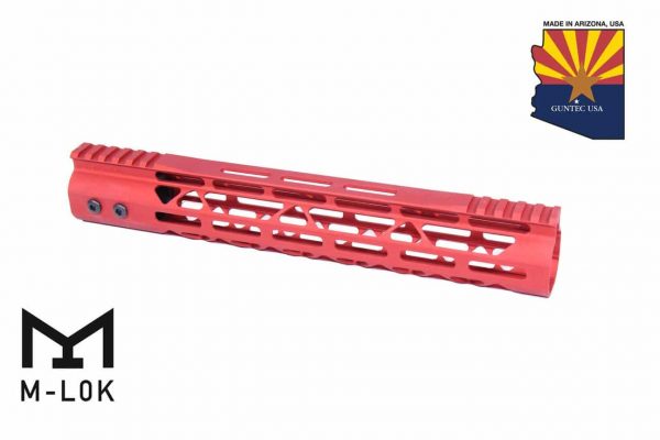 Red 12-inch Guntec M-LOK free-floating handguard with top rail.