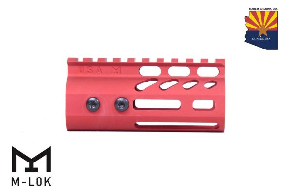 Red anodized M-LOK handguard with monolithic top rail by Guntec USA.