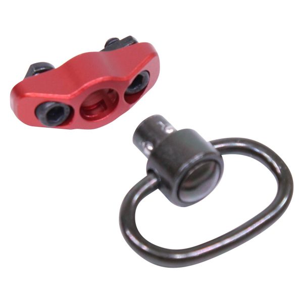 Red anodized M-LOK Gen 2 QD swivel mount on white background.