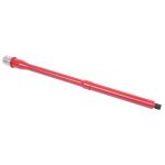 Sleek red anodized aluminum stylus on a white background.