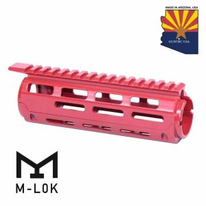 Red anodized aluminum AR-15 M-LOK handguard with Picatinny top rail.