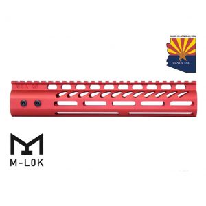 Red M-LOK AR-rifle handguard with monolithic top rail by Guntec USA.