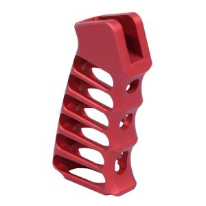 Red anodized aluminum skeletonized pistol grip with ergonomic finger grooves and lightweight design.