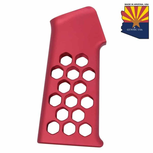Red anodized Airlite skeletonized aluminum pistol grip with honeycomb pattern and ergonomic design.