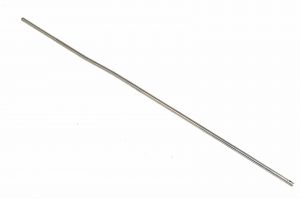 Stainless steel AR-15 gas tube, rifle length, diagonally set on white background.
