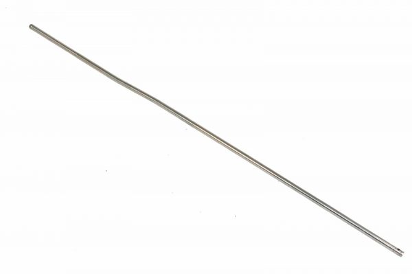 Stainless steel AR-15 gas tube, rifle length, diagonally set on white background.
