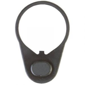 AR-15 sling attachment ring with loop and secure button, matte black finish, for tactical use.