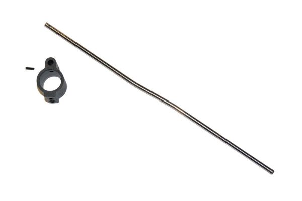 Fishing rod parts: stainless steel blank and black guide ring on white background.