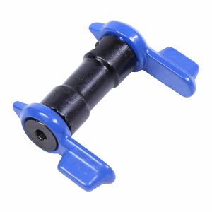 Durable black roller with blue mounting caps, textured for strength, used in marine and industrial applications.