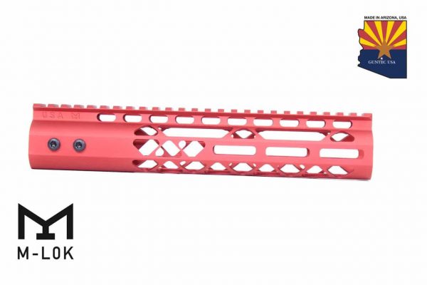 Guntec USA 10-inch Red Anodized M-LOK AR-15 Handguard with Monolithic Rail.