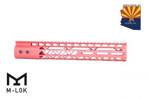 12-inch Guntec USA red M-LOK handguard with top rail on white background.