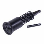 Black automotive shock absorber with coil spring and metal pin for vehicle suspension.