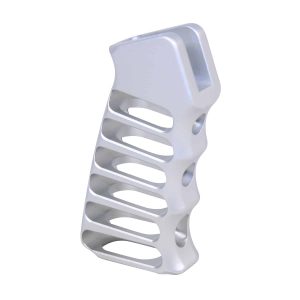 Guntec USA clear anodized aluminum skeletonized pistol grip for ergonomic use.