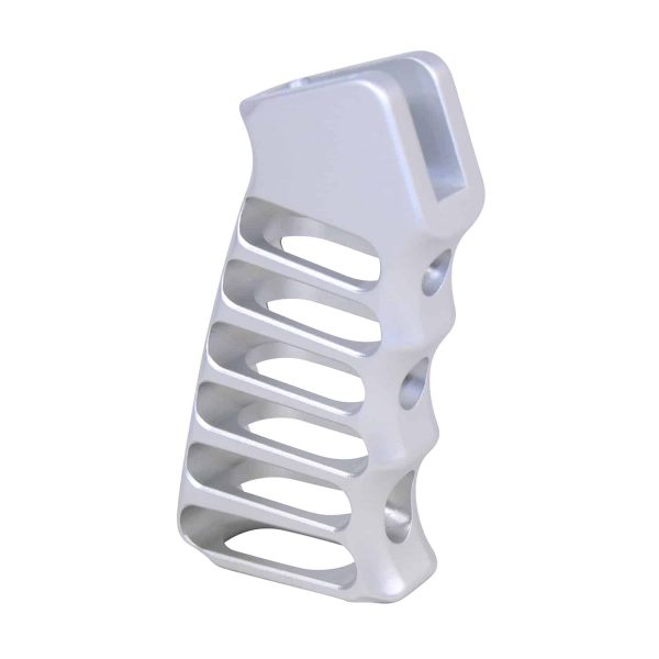 Guntec USA clear anodized aluminum skeletonized pistol grip for ergonomic use.