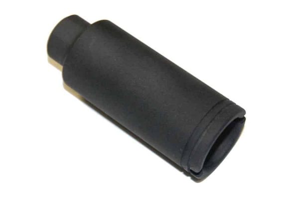 Matte black AR-15 cone flash can muzzle device for 9mm, durable metal construction.