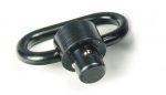 Black metal sling swivel for rifles, with U-shaped loop and threaded post for secure attachment.